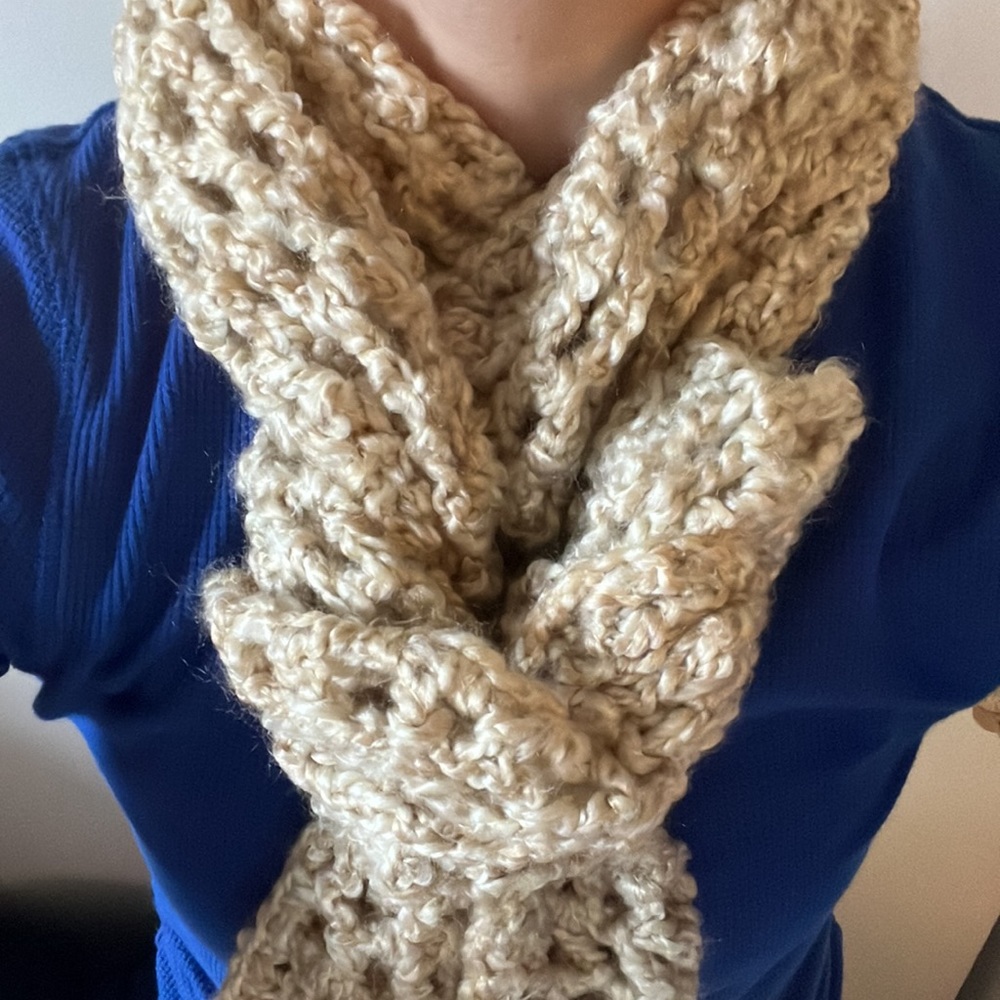 NEW • Handmade Crocheted Open-Weave Scarf • Heathered Ivory Cream